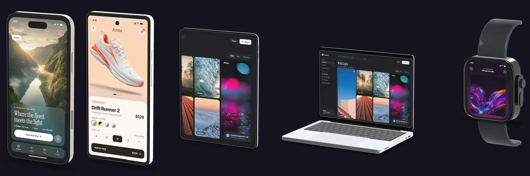 A row of Mockuptop devices: two phones, a tablet, a laptop and a watch.